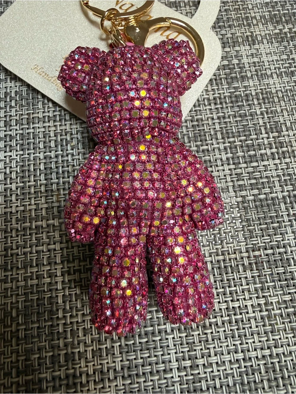 Natasha 💕Pink Crystal Teddy Bear 🧸Keychain Bag Charm with Gold Hardware -